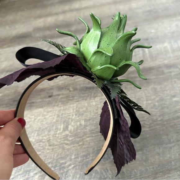 Handmade Designer Fascinator Headband Black Green Purple Thistle Artichoke Bow - Picture 6 of 16